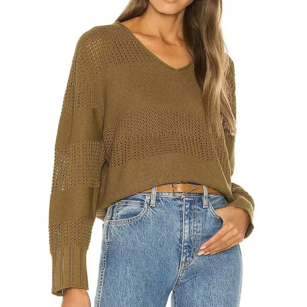 rag & bone Faye Women's M Sweater V Neck Pointelle Knit Military Olive Versatile